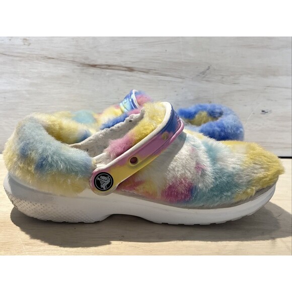 Crocs Sandals Womens Size 7 Rainbow Fur sure Clog tie tye dye rainbow cozy soft - Picture 4 of 9